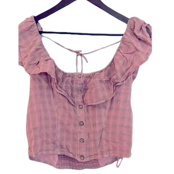 Free people corset ruffle Pink Plaid Ruffle Button-Down Top size small - Picture 4 of 8